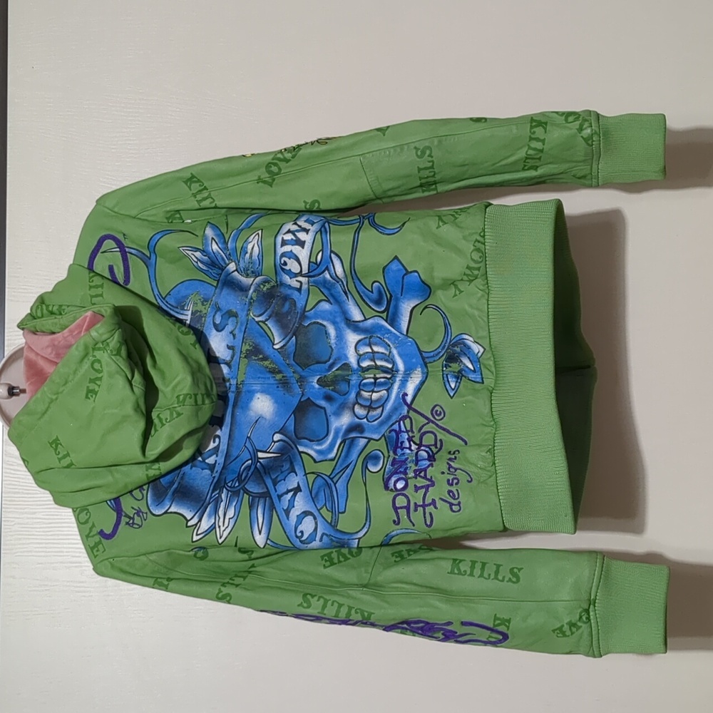 Ed Hardy by Christian Audigier Green Pink Leather Jacket hoodie Women's Medium - Picture 2 of 13